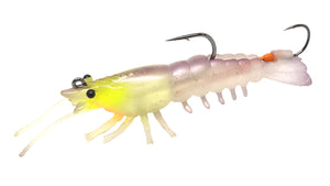 Fishing lure shaped like a shrimp with a white and pink body and yellow head on a white background