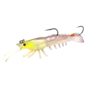 Fishing lure shaped like a shrimp with a white and pink body and yellow head on a white background