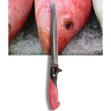 Fishing knife with red handle and black blade on a white background