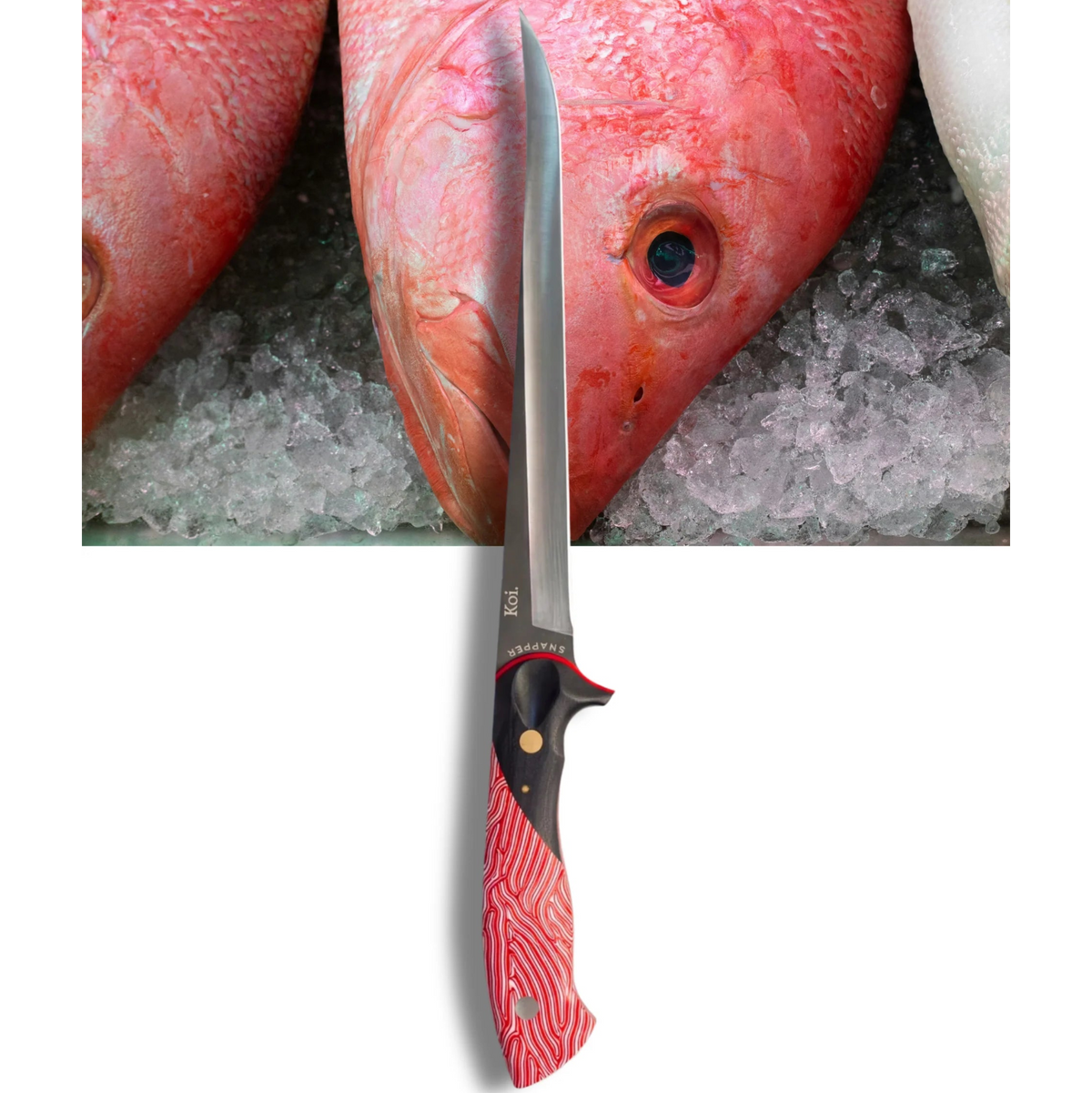 Fishing knife with red handle and black blade on a white background