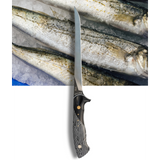 Fillet knife with black handle and silver blade on a background of fish fillets.