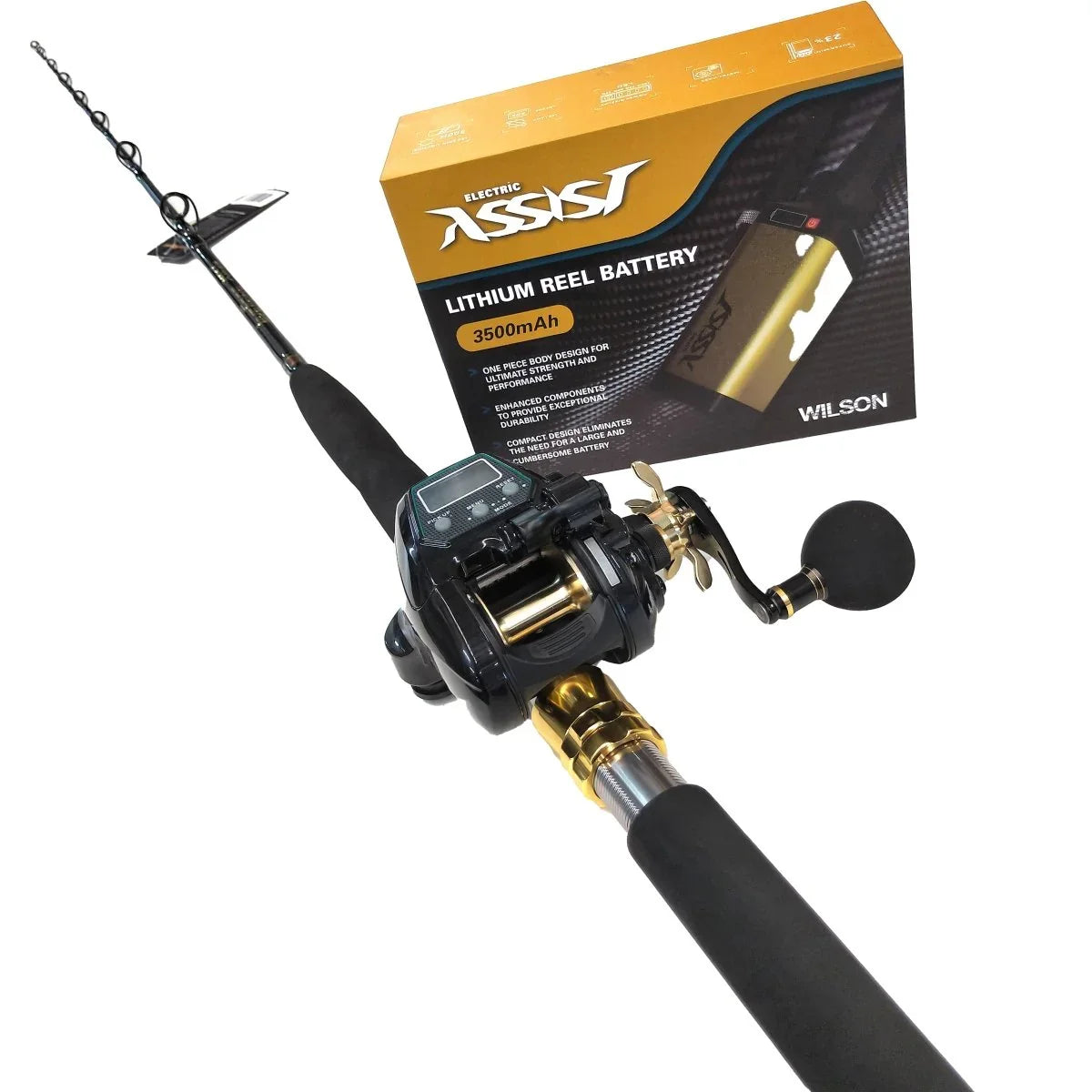 Wilson Electric Assist Reel + Lithium Battery & Live Fibre Rod Combo - WRAE5000 + 3500mAH Battery + Live Fibre Rod - RLFEA2 - PE 3-8